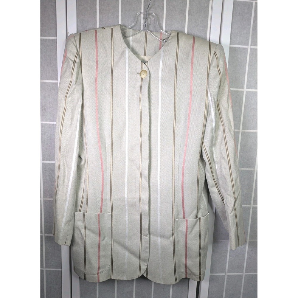 Kasper ASL Womens Button Blazer 10 Long Sleeve Vintage Stripes Beige Pink Brown